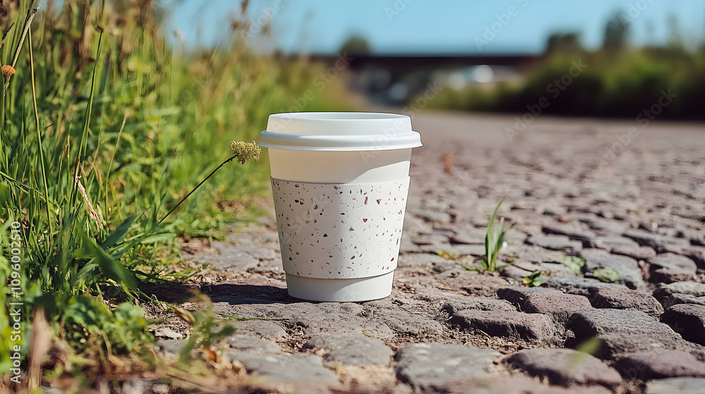 Disposable Coffee Cup on Cobblestone Path, Sunny Day Disposable Coffee Cup on Cobblestone Path, Sunny Day