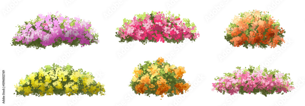 Obraz premium Vertor set of spring blossom tree,blooming plants side view for landscape elevation and section,eco environment concept design,watercolor shrub illustration,colorful season