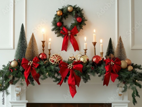 Festive Christmas mantel decorated with garland, candles, ornaments, and a wreath.