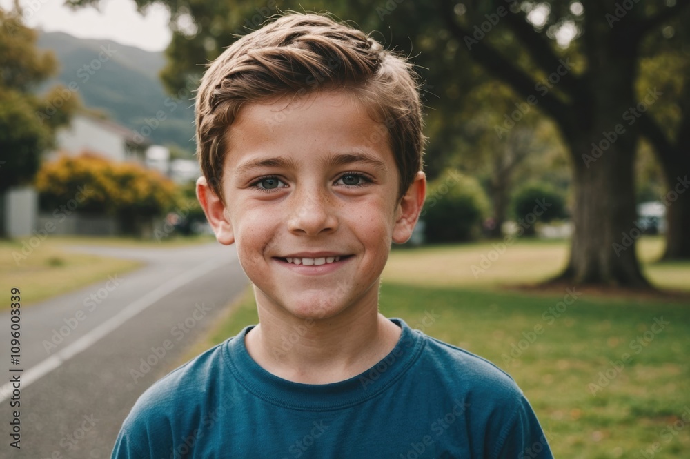 Close portrait of a smiling New Zealander male kid looking at the camera, New Zealander outdoors blurred background Close portrait of a smiling New Zealander male kid looking at the camera, New Zealander outdoors blurred background