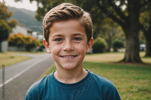 Close portrait of a smiling New Zealander male kid looking at the camera, New Zealander outdoors blurred background