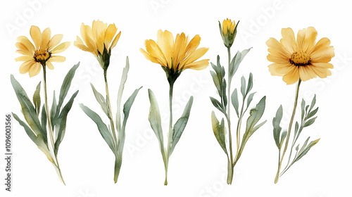 Watercolor Painting of Yellow Flowers with Green Leaves on White Background