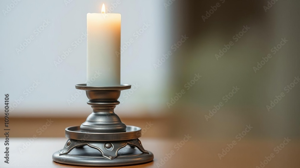 A tall pillar candle standing upright on a metal pedestal or stand, metal base, geometric shape, sleek style