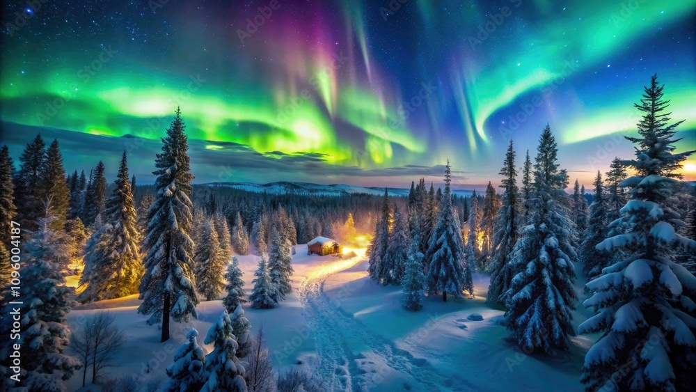 Enchanting Northern Lights Over a Snowy Forest: A Vibrant Aurora Borealis Nightscape with Starry Sky and Nature's Magic in Serene Winter Landscape Enchanting Northern Lights Over a Snowy Forest: A Vibrant Aurora Borealis Nightscape with Starry Sky and Nature's Magic in Serene Winter Landscape