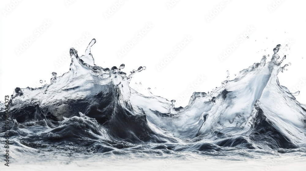 Water splash, isolated on a white background, detailed illustration, high-resolution, professional photograph. The ultra-high-resolution photo captured the intricate details of water and waves in shar