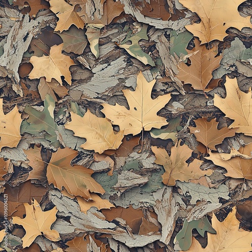 Leaves on Tree Bark and Stone Camouflage Seamless Pattern Texture photo