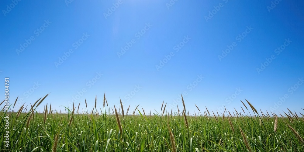 Fototapeta premium A vast expanse of tall grass stretches towards the horizon against a brilliant blue sky with not a cloud in sight, horizon, blue, view