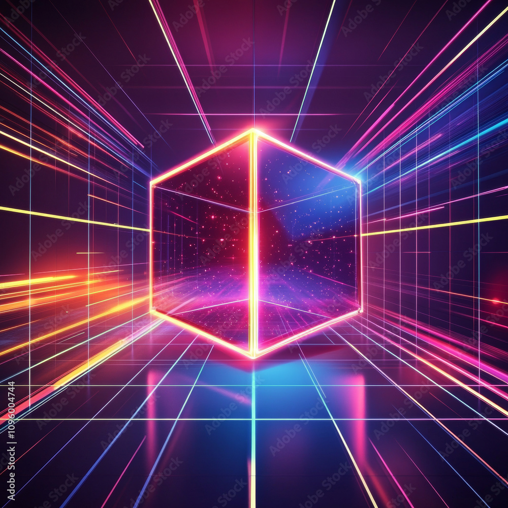 An abstract neon sci-fi futuristic 3D background featuring a room grid frame perspective with glowing lines that create a sense of depth and space. In the scene, a transparent cube is seen flying thro An abstract neon sci-fi futuristic 3D background featuring a room grid frame perspective with glowing lines that create a sense of depth and space. In the scene, a transparent cube is seen flying thro