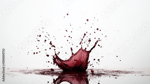 Red wine splash isolated on a white background, flat lay. High-resolution photography, realistic and natural look. A dynamic splashing red liquid captured in mid-air, creating an abstract shape with d photo