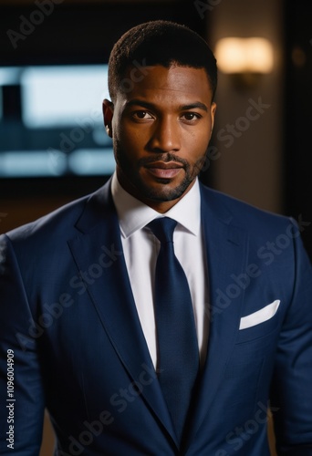 Elegant man, wearing a tailored navy blue suit, white dress shirt, dark tie, professional setting, confident expression, modern office background, soft ambient lighting, portrait style 