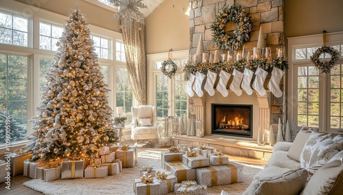 A Luxurious Christmas Living Room Decorated with a Grand Flocked Christmas Tree, Fireplace with Stockings, and Elegant Gifts