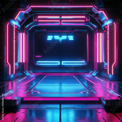 A 3D illustration rendering of a gaming abstract background in Sci-Fi cyberpunk style featuring dynamic neon stage display and a futuristic showcase setup. The scene combines glowing neon lights, geom