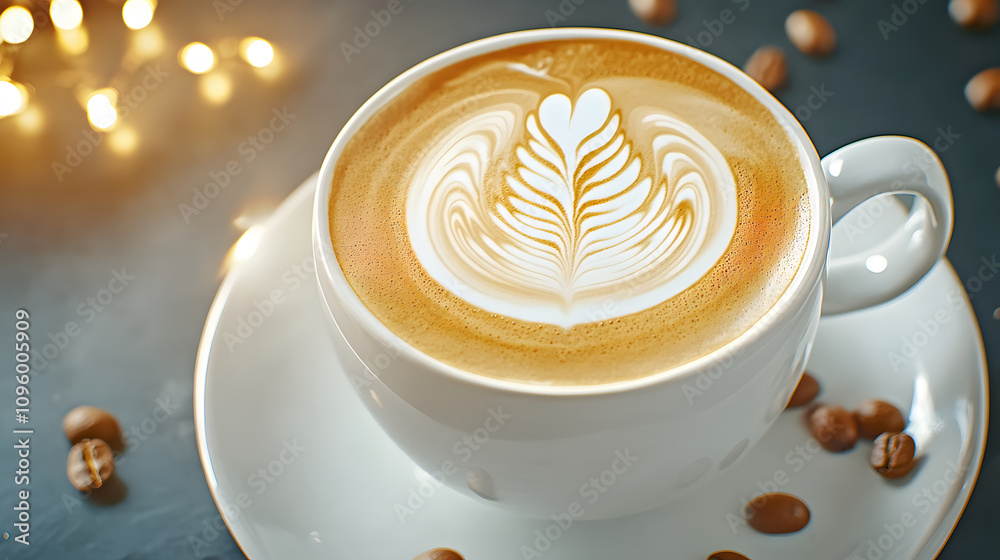 Artisan coffee cup with latte art cozy cafe food photography warm ambiance close-up shot Artisan coffee cup with latte art cozy cafe food photography warm ambiance close-up shot