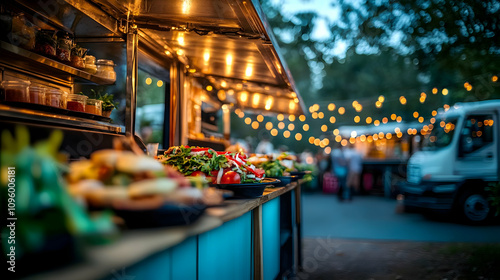 Vibrant Food Truck Salad at Night Market with String Lights