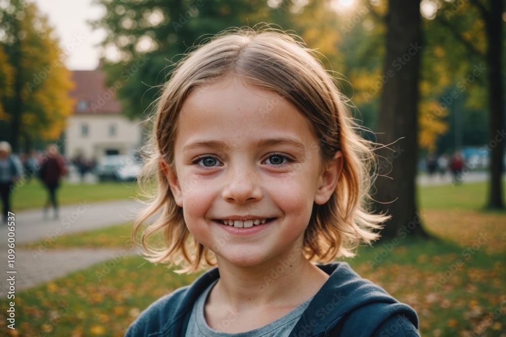 Close portrait of a smiling Polish female kid looking at the camera, Polish outdoors blurred background Close portrait of a smiling Polish female kid looking at the camera, Polish outdoors blurred background