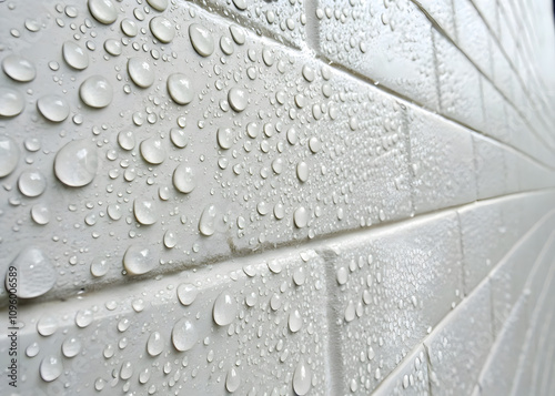Water drops on white wall create textured and refreshing appearance, showcasing nature beauty in simple setting