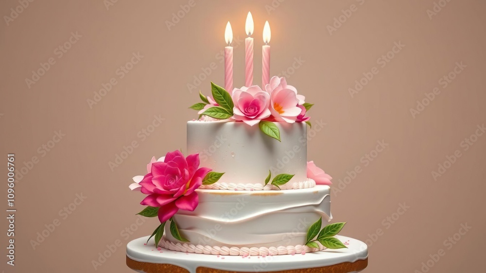 artistic design on top of tiered birthday cake with flowers and leaves, party, flowers, petals artistic design on top of tiered birthday cake with flowers and leaves, party, flowers, petals