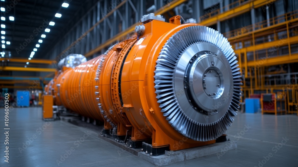 Industrial Powerhouse: A massive, imposing industrial turbine stands ready, its gleaming orange exterior and intricate mechanics reflecting the strength and power of modern manufacturing. Industrial Powerhouse: A massive, imposing industrial turbine stands ready, its gleaming orange exterior and intricate mechanics reflecting the strength and power of modern manufacturing.