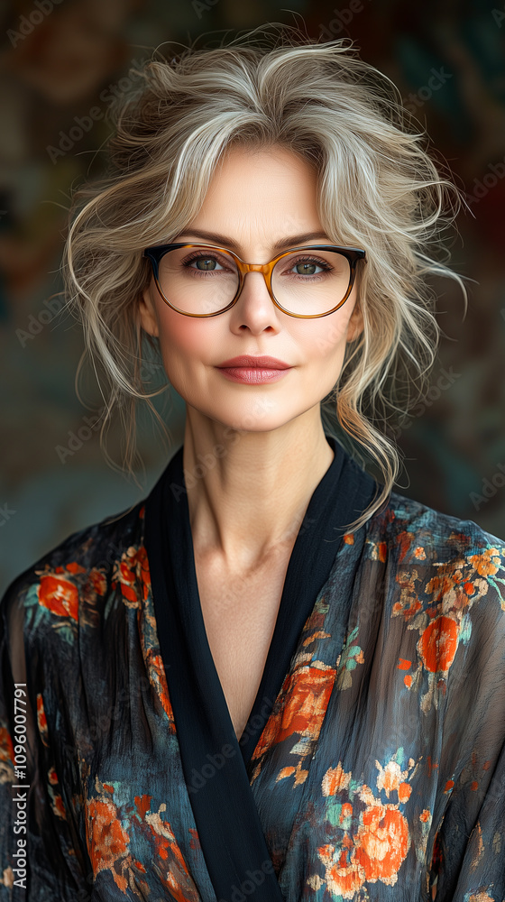 Confident, stylish woman with cat-eye glasses and soft lighting. Confident, stylish woman with cat-eye glasses and soft lighting.