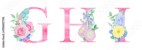 Watercolor pink letters with floral arrangements of flowers and foliage. For wedding monogram, invitations, greeting cards and other design ideas.