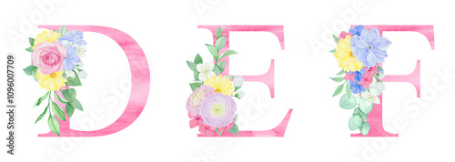 Watercolor pink letters with floral arrangements of flowers and foliage. For wedding monogram, invitations, greeting cards and other design ideas.