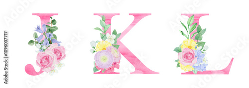 Watercolor pink letters with floral arrangements of flowers and foliage. For wedding monogram, invitations, greeting cards and other design ideas.