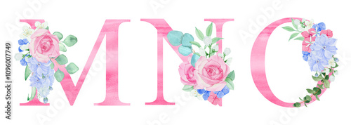 Watercolor pink letters with floral arrangements of flowers and foliage. For wedding monogram, invitations, greeting cards and other design ideas.