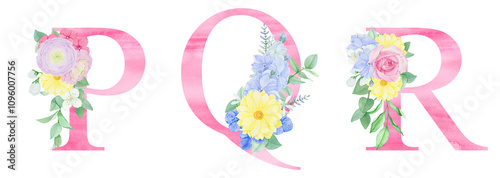 Watercolor pink letters with floral arrangements of flowers and foliage. For wedding monogram, invitations, greeting cards and other design ideas.