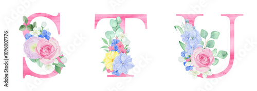 Watercolor pink letters with floral arrangements of flowers and foliage. For wedding monogram, invitations, greeting cards and other design ideas.