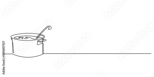 continuous line drawing of vegetable soup.one line drawing of vegetable soup in a pot with a ladle.single line vector illustration.isolated white background