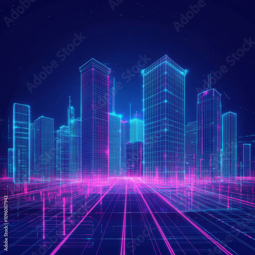 This futuristic city concept features a 3D wireframe cityscape, with sleek, smart buildings and a dynamic line grid that forms the foundation of the skyline. The image showcases a cyber space theme, w