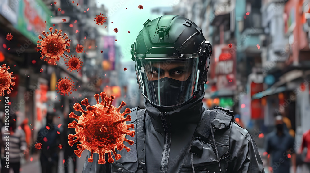 Fototapeta premium 3D Illustration: Person in Protective Gear Amidst a Viral Outbreak in a Crowded City Street