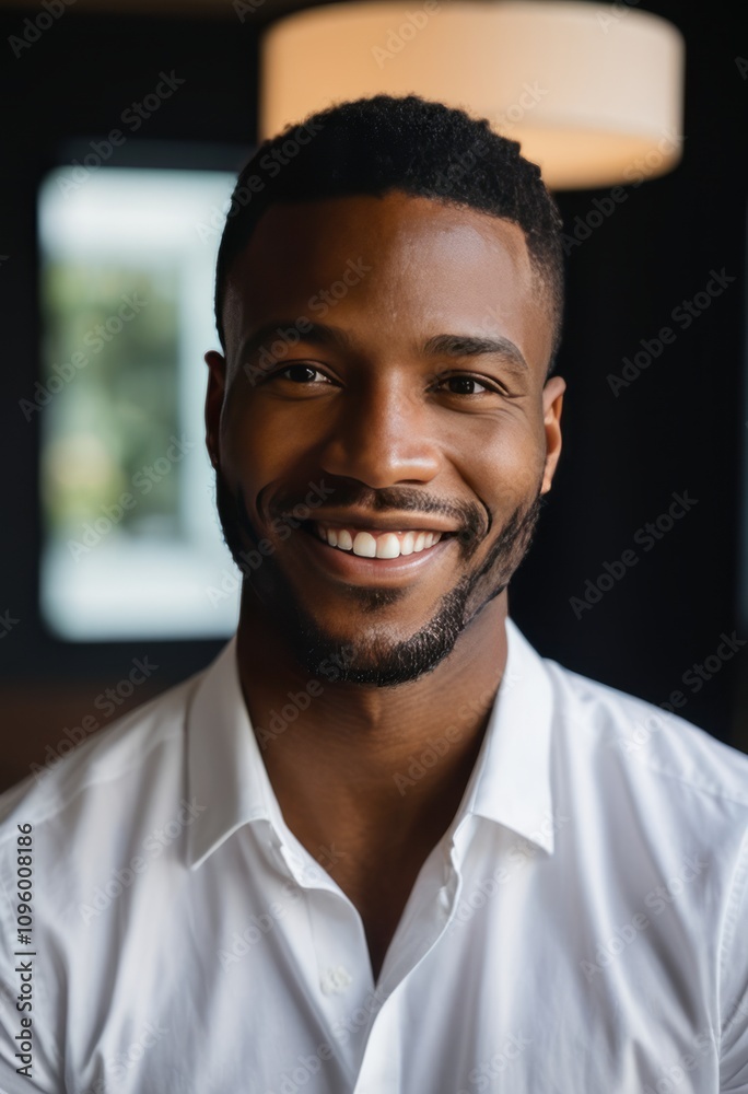 Portrait, African American man, warm smile, white button-up shirt, short hair, beard, positive expression, soft lighting, blurred background, professional headshot, confident pose, genuine demeanor, f Portrait, African American man, warm smile, white button-up shirt, short hair, beard, positive expression, soft lighting, blurred background, professional headshot, confident pose, genuine demeanor, f