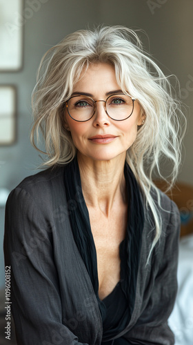 Elegant woman with oval glasses, against a neutral backdrop. photo