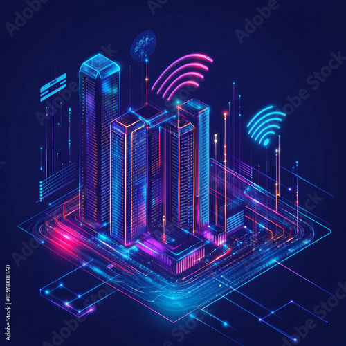 A vector illustration depicting 5G technology with a computer network connection line linking various buildings. The scene represents the concept of global connectivity and advanced network systems, s photo