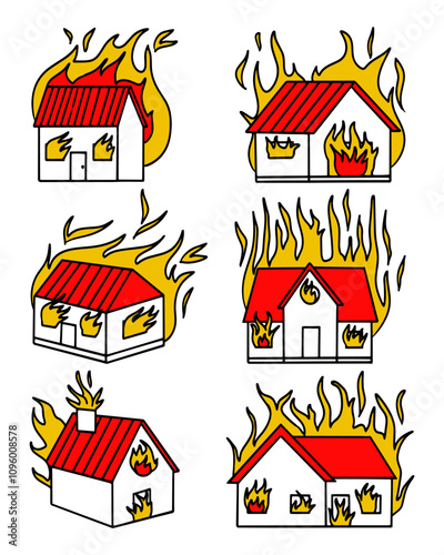 Collection of small houses in fire. Vector burning houses. Loss of housing, disaster, insurance, damage concept. Vector illustration. photo