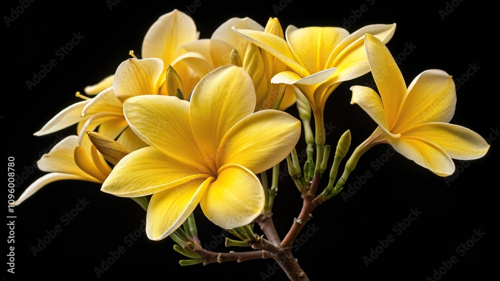 Fototapeta premium Bright yellow petals with soft texture and intricate details on a stem, blossom, branch