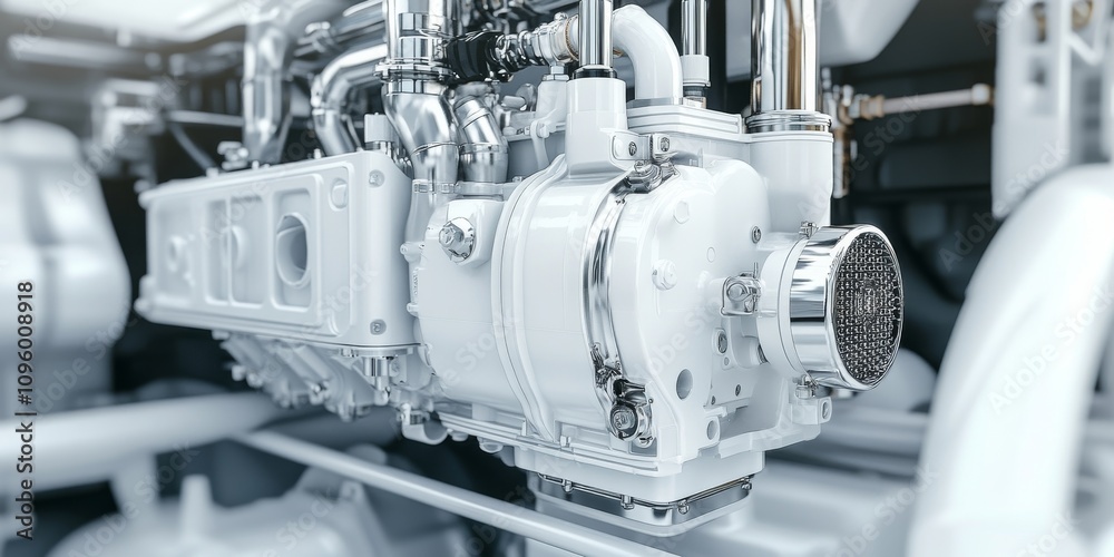 Marine diesel engine designed for ships, showcasing a white motor. This internal combustion engine is ideal for speedboats and shipbuilding, featuring a diesel engine with chrome elements and a Marine diesel engine designed for ships, showcasing a white motor. This internal combustion engine is ideal for speedboats and shipbuilding, featuring a diesel engine with chrome elements and a