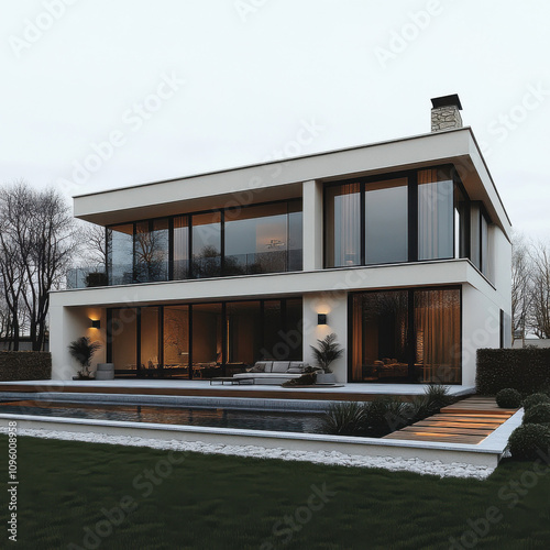  Two storey building, clean and flat garden, white simplicity, straight lines, split-level relationship, large floor-to-ceiling Windows. It's rea photo