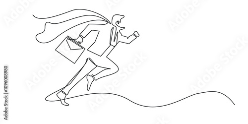continuous line drawing of superman running fast carrying briefcase.single line drawing of superman with briefcase.single line vector illustration.isolated white background