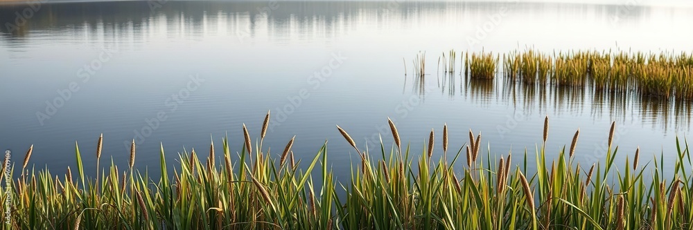 Calm and peaceful lake scene with lush reed grass, serenity scene, natural scenery, calm lake Calm and peaceful lake scene with lush reed grass, serenity scene, natural scenery, calm lake