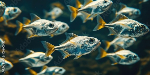 Close up view of a school of silver Hottentot fish swimming gracefully underwater, showcasing the beauty and elegance of the silver Hottentot fish in deep aquatic environments. photo