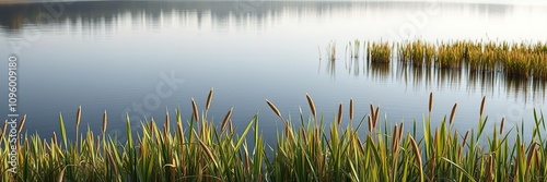 Calm and peaceful lake scene with lush reed grass, serenity scene, natural scenery, calm lake