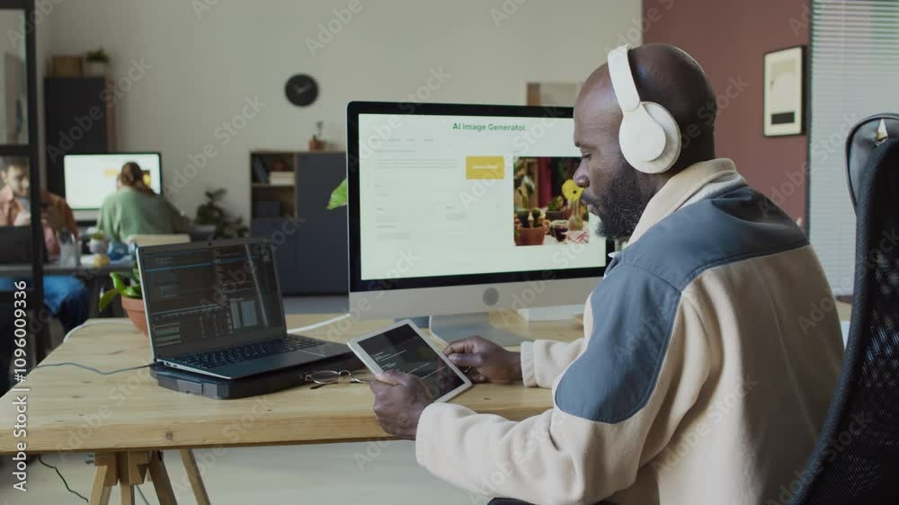 Medium side shot of black male IT engineer writing AI software using laptop and digital tablet, then running it on desktop computer to check performance, then looking at code for bugs and errors