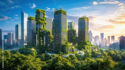 Innovative sustainable urban landscape concept integrating green architecture and ecofriendly futuristic planning for a modern cityscape with energyefficient skyscrapers and renewable infrastructure photo