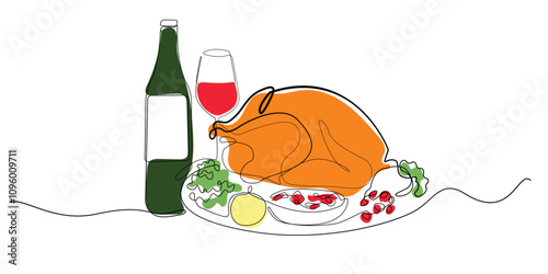 line art drawing of roast turkey thanksgiving dinner menu. typical dish of thanksgiving day celebration. abstract line art vector illustration
