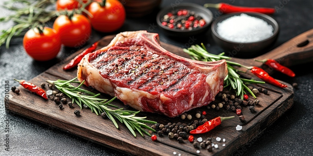 Fresh, juicy ribeye steak displayed on a cutting board, accompanied by aromatic rosemary, vibrant red tomatoes, salt, peppercorns, and chili peppers, perfect for cooking steaks on a grill pan. Fresh, juicy ribeye steak displayed on a cutting board, accompanied by aromatic rosemary, vibrant red tomatoes, salt, peppercorns, and chili peppers, perfect for cooking steaks on a grill pan.