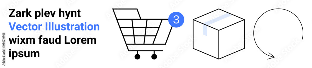 Shopping cart with a 3 product count, boxed package, and circular return arrow. Ideal for e-commerce, online shopping, product returns, inventory management, packaging, logistics, retail business Shopping cart with a 3 product count, boxed package, and circular return arrow. Ideal for e-commerce, online shopping, product returns, inventory management, packaging, logistics, retail business