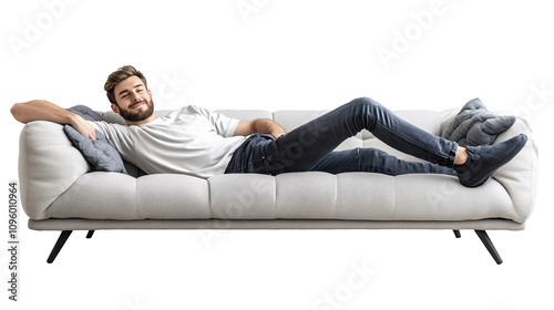 Young man relaxing on a modern gray sofa isolated on transparent background.