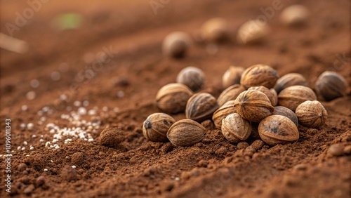 Close-up of Cyperus rotundus linn seeds scattered on a brown soil surface, nut grass seeds, nature photography photo